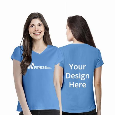 Blue Customized Women's Regular Fit Cotton Fitness Graphic Printed V-Neck T-Shirt