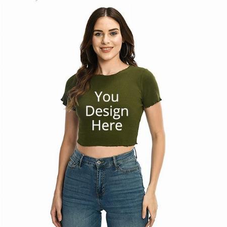 Olive Customized Women Solid Round Neck Cotton Rib Crop Top
