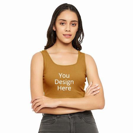 Brown Customized  Women Stretchable Round Neck Sleeveless Crop Top