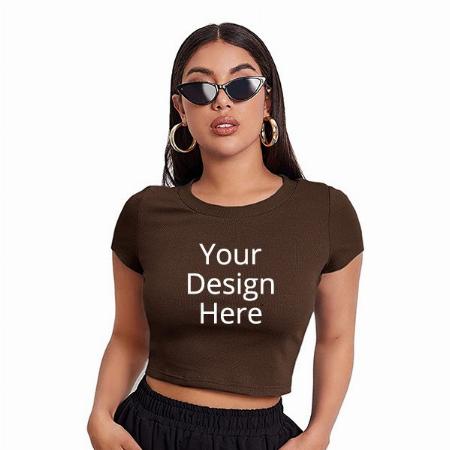Brown Customized  Women Solid Ribbed Crop Top