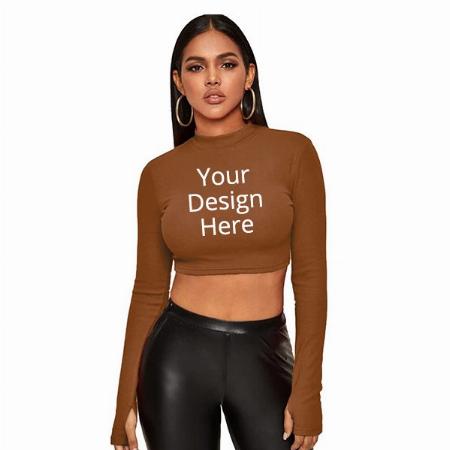 Brown Customized  Women Regular Fit Full Sleeve Crop Top with Thumb Hole