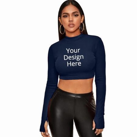 Navy Blue Customized Women Regular Fit Full Sleeve Crop Top with Thumb Hole