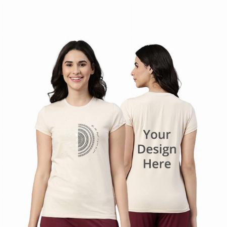 Beige Customized Crew Neck Cotton Blocks Design Graphic Printed T-Shirt  Women
