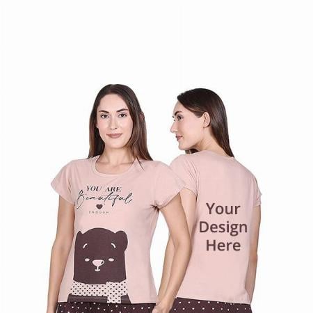 Beige Customized Round Neck Bear Design Graphic Printed T-Shirts for Women