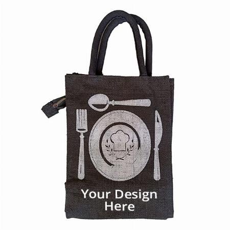 Black Customized Eco-Friendly Jute Bag with Zip for Lunch