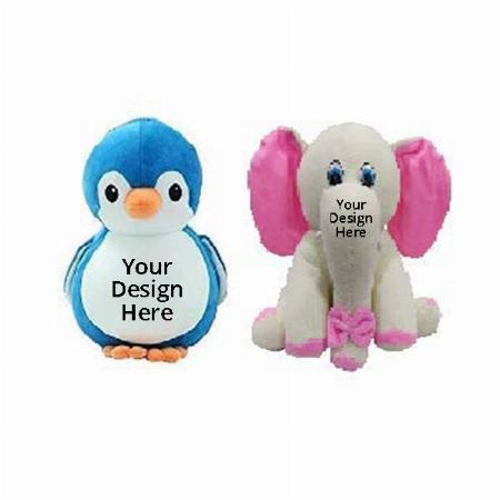 Blue Grey Customized Soft Stuff Toys Combo Of 2 Penguin And Baby Elephant Kids Return Gift