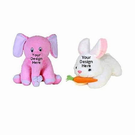 Pink White Customized Soft Stuff Toys Combo Of 2 Rabbit And Baby Elephant Kids Return Gift