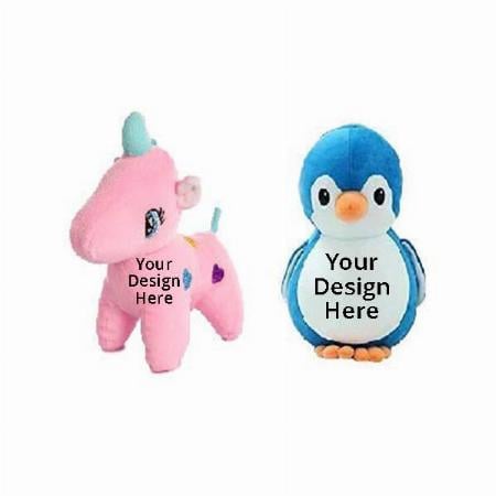 Pink White Customized Soft Stuff Toys Combo Of 2 Unicorn And Penguin Kids Return Gift
