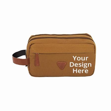 Brown Customized Light Weight Durable Canvas Toiletry Travel Bag Makeup Shaving Kit, Waterproof Travel Toiletry Travel Kit Bag With Belt For Men And Women (25 X 10 X 14 cm)