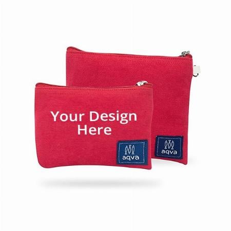 Red Customized Soft Cotton Canvas Eco Friendly, Durable Coin Purse, Cosmetic Kit, Makeup/Toiletry Bag (Set of 2)
