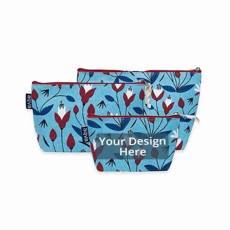 Blue Customized Printed Eco Friendly Cotton Canvas Pouch Multi-Function Beach Travel Cosmetic Bag (Set of 3)