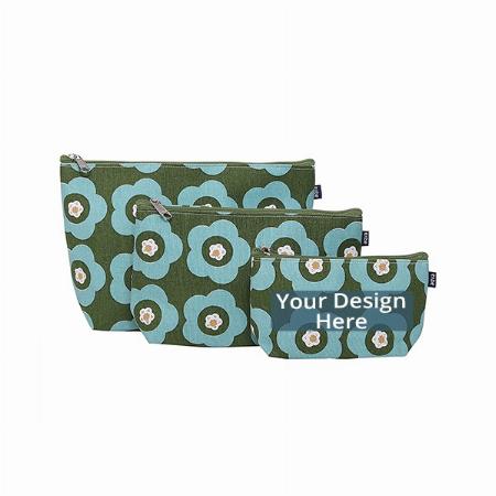 Green Customized Pack Of 3 Printed Cotton Canvas Pouch, Cosmetic Makeup Bag, Multi-Function Beach Travel Bag, Coin Purse, Pencil Holder, Large Capacity Toiletry Bags For Women &amp; Men