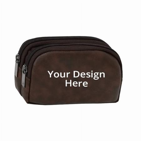 Brown Customized PU Leather Travel Toiletry Bag Unisex Pouch, Pack of 2 (20.5 x 11 x 4.5 cm)