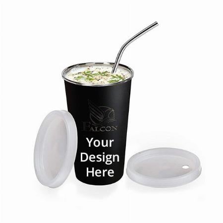 Black Customized Stainless Steel Glass With Straw And Lid, 370 ml