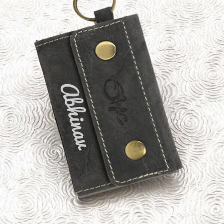 Customized Style Blue Genuine Leather Keychain & Card Holder