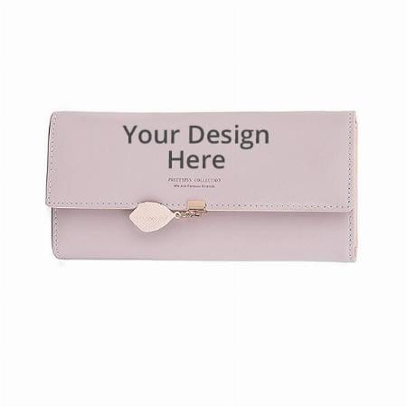 Light Pink Customized Women's Long Tri-Fold Wallet with Leaf Pendant Card Holders and Phone Pocket