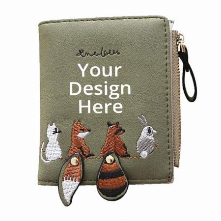 Green Customized Palay Short Wallet for Women With Animal Embroidery