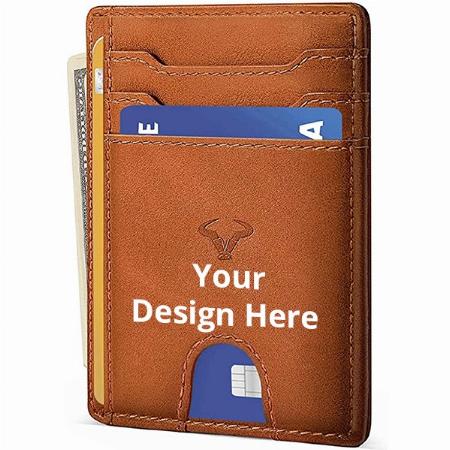 Tan Customized Genuine Leather Slim Wallet, RFID Blocking Skinny Minimal Thin Front Pocket Wallet Sleeve Card Holder