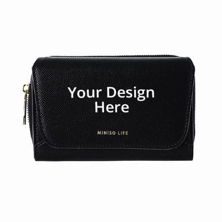 Black Customized MINISO Metal Textured Women's Wallet with Zipper