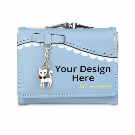Blue Customized Nfi essentials Small Multi Fold Women's Wallets with Seprated Pouches for Holding Credit Card, Cash &amp; Coins with Cat Shaped Metal Keychain