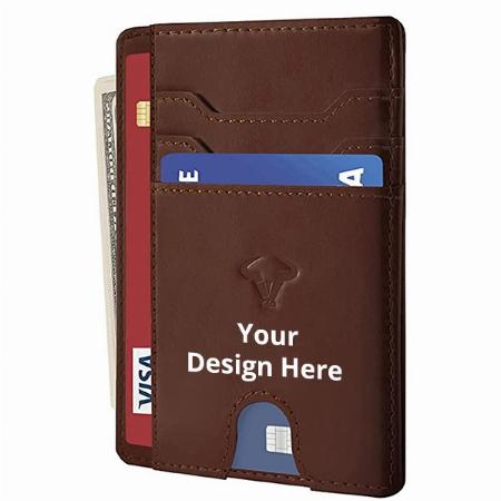 Brown Customized Genuine Leather Slim Wallet, RFID Blocking Minimal Thin Front Pocket Wallet Sleeve Card Holder