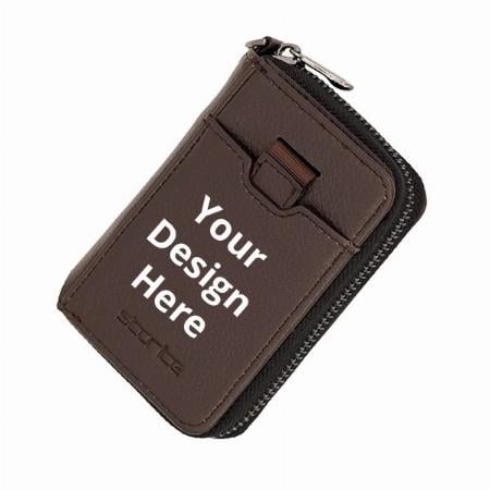 Brown Customized RFID Protection PU Credit Debit Card Holder Money Slim Zipper Wallet