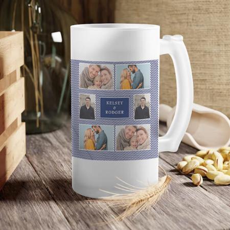 Photo Collage Blue and White Striped Customized Photo Printed Beer Mug