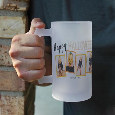 Happy Halloween Black Orange Monogrammed 4 Photo Collage Customized Photo Printed Beer Mug