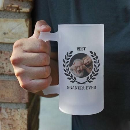 Best Grandpa Photo Leaves Wreath Customized Photo Printed Beer Mug
