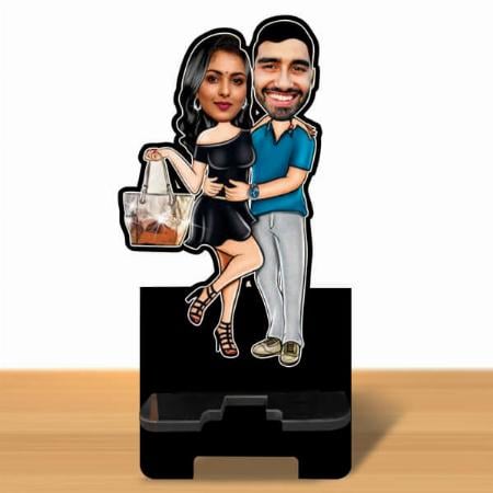 Happy Shopping Couple Customized Caricature Mobile Stand - 6 x 4 inches