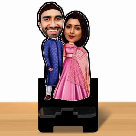 Indian Attire Couple Customized Caricature Mobile Stand - 6 x 4 inches