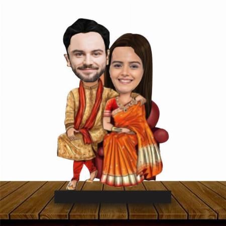 Indian Couple Customized Wooden Caricature Bobble Head - 8 x 6 inches
