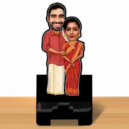 South Indian Couple Customized Caricature Mobile Stand - 6 x 4 inches