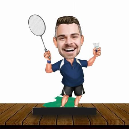 Badminton Player Customized Wooden Caricature Bobble Head - 8 x 6 inches