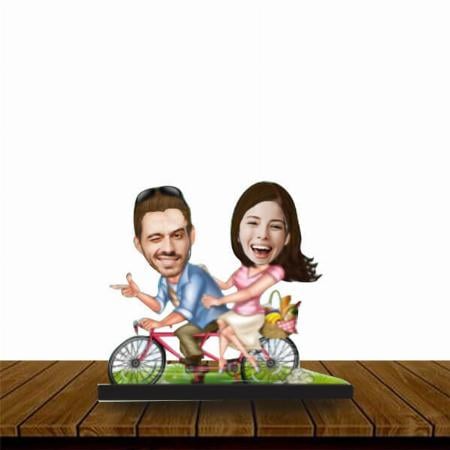 Bicycle Couple Customized Wooden Caricature Bobble Head - 8 x 6 inches