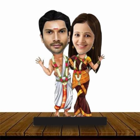 South Indian Wedding Couple Customized Wooden Caricature Bobble Head - 8 x 6 inches