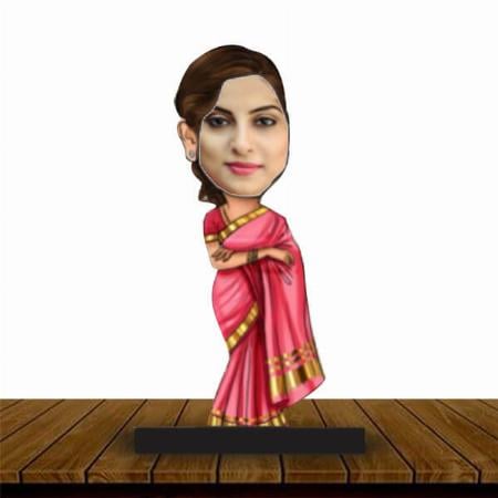 Elegant Saree Female Customized Wooden Caricature Bobble Head - 8 x 6 inches