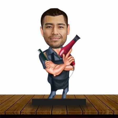 Male Barber Customized Wooden Caricature Bobble Head - 8 x 6 inches
