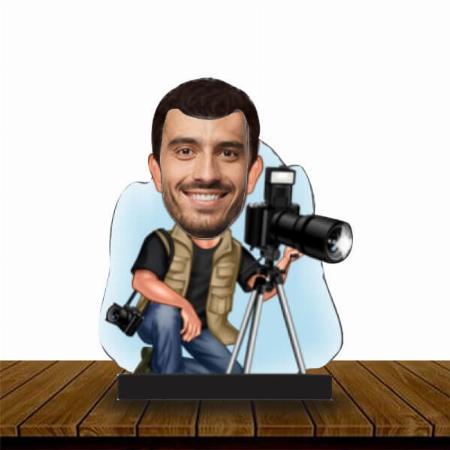 Male Photographer Customized Wooden Caricature Bobble Head - 8 x 6 inches