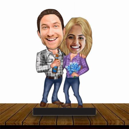 Modern Couple Customized Wooden Caricature Bobble Head - 8 x 6 inches