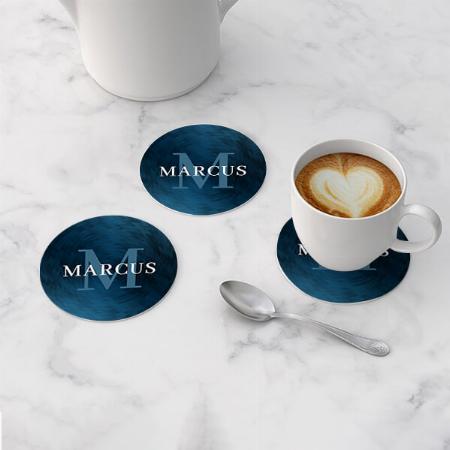 Monogram Name Brushed Metal Blue Steel Customized Photo Printed Circle Tea & Coffee Coasters