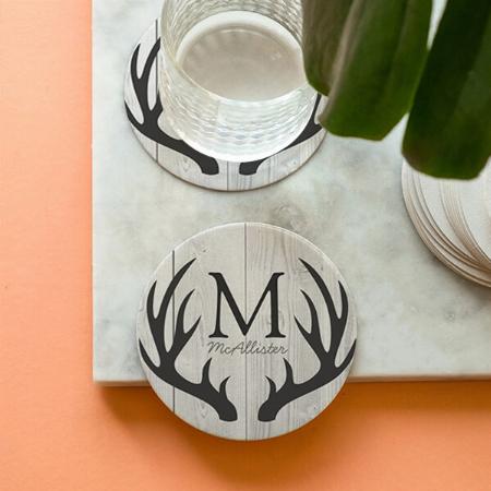 Elegant White Wood & Grey Deer Antlers Customized Photo Printed Circle Tea & Coffee Coasters