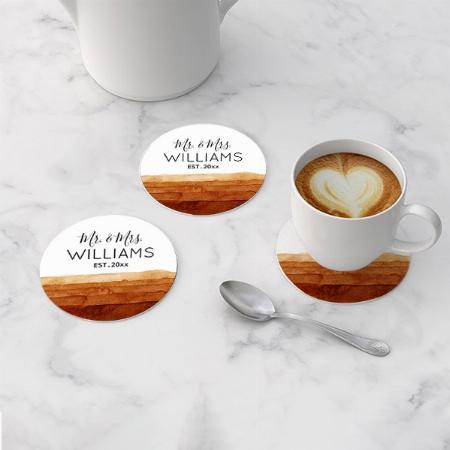 Mr. and Mrs. Boho Watercolor Abstract Desert Design Customized Photo Printed Circle Tea & Coffee Coasters