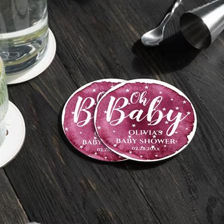 Cute Baby Girl Blush Watercolor and White Stars Customized Photo Printed Circle Tea & Coffee Coasters