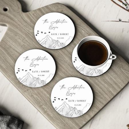 The Adventure Begins Modern Wedding Customized Photo Printed Circle Tea & Coffee Coasters