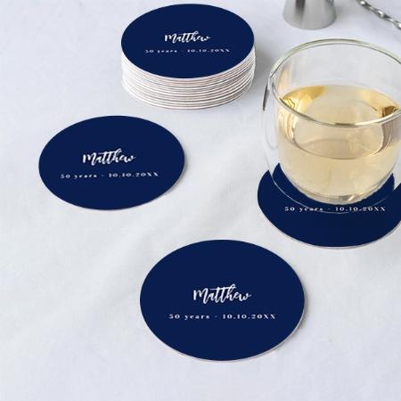Birthday Dark Blue White Script Minimalist Customized Photo Printed Circle Tea & Coffee Coasters