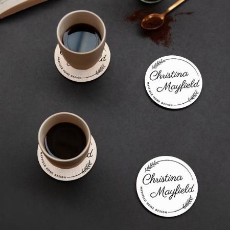 Elegant Laurel Leaves with Business Name Customized Photo Printed Circle Tea & Coffee Coasters