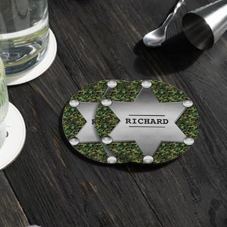 Green Camouflage Pattern Design Sheriff Name Badge Customized Photo Printed Circle Tea & Coffee Coasters