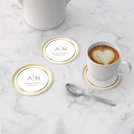 Elegant Monogrammed Gold Wedding Customized Photo Printed Circle Tea & Coffee Coasters