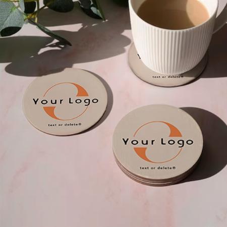 Light Tan with Black Text Company Business Logo Customized Photo Printed Circle Tea & Coffee Coasters